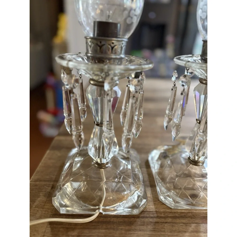 VTG Crystal Hurricane Buffet Lamps Mantle Etched Globes Prisms 15